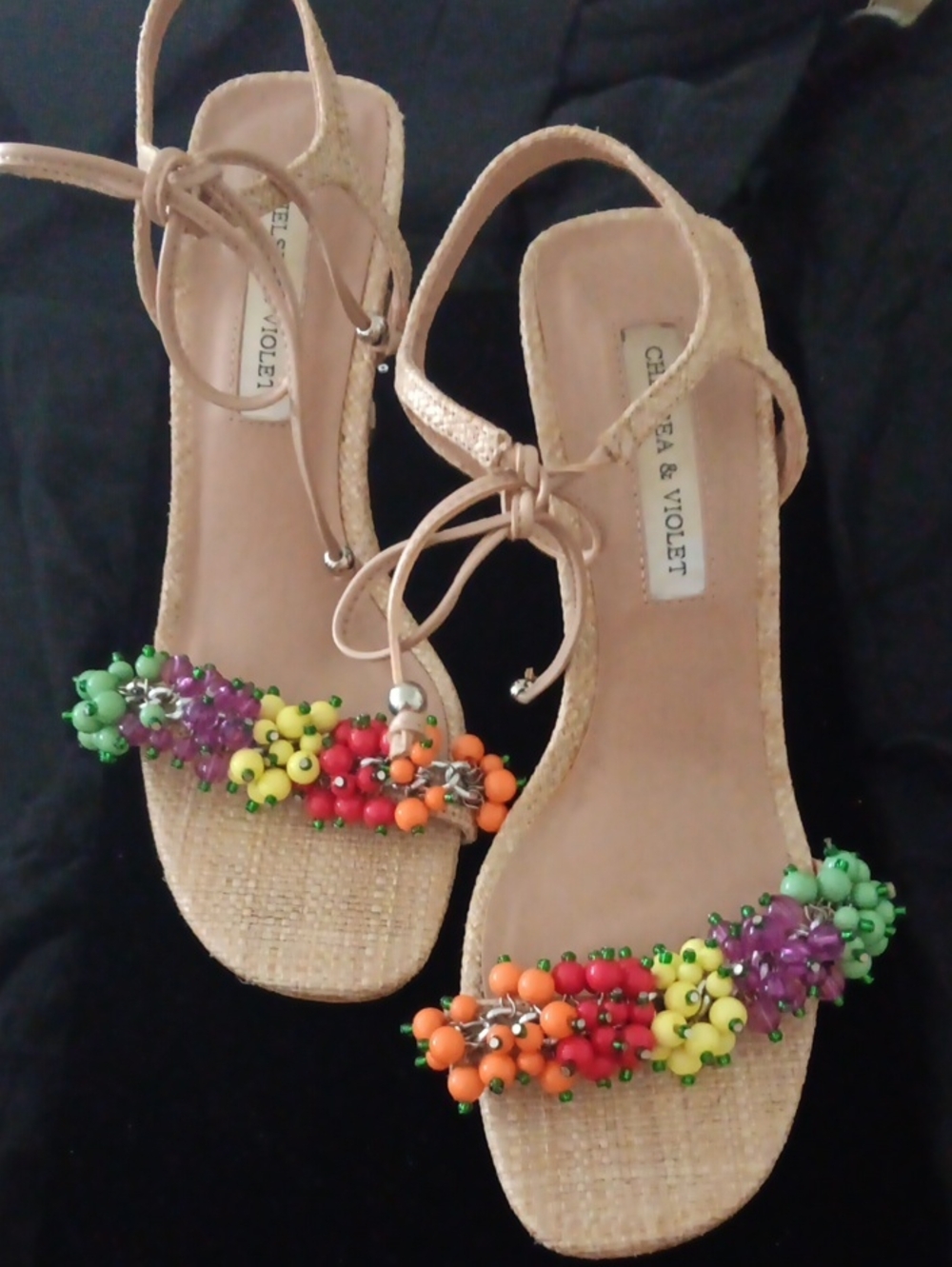 Chelsea & Violet Beige Beaded Tie-Wrap Sandals with Multicolor Accents